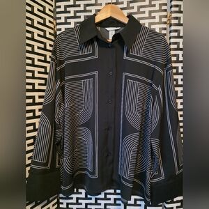 Black White Geometric Print Blouse | Statement Button Up Shirt | Long Sleeve